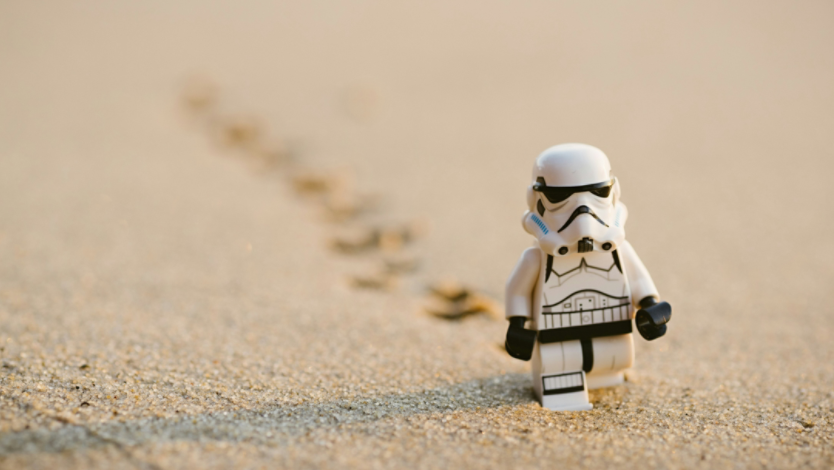 Lego Stormtrooper walking on sand