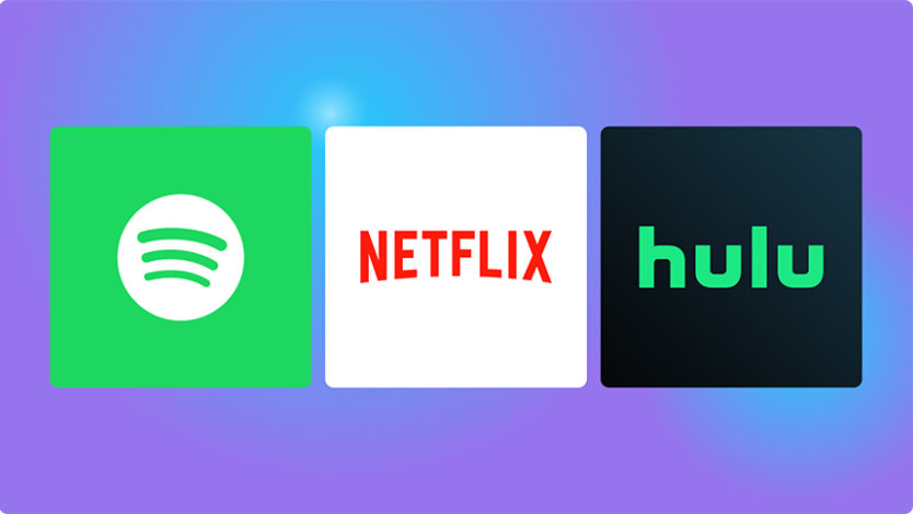 Logo de l’application Spotify, logo de l’application Netflix et logo de l’application Hulu