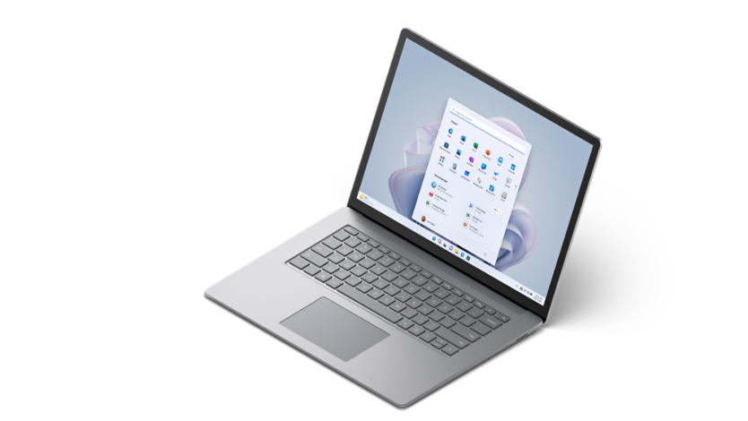 Surface Laptop 5 bersaiz 15 inci ditunjukkan dari atas sedikit dan pandangan 3/4 dalam warna Platinum.