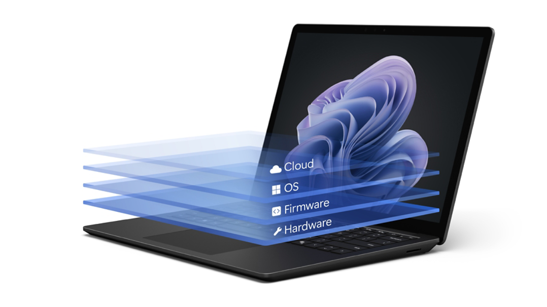 디바이스 내 보안 수준을 강조하는 그래픽과 함께 표시된 Surface Laptop 6의 렌더링
