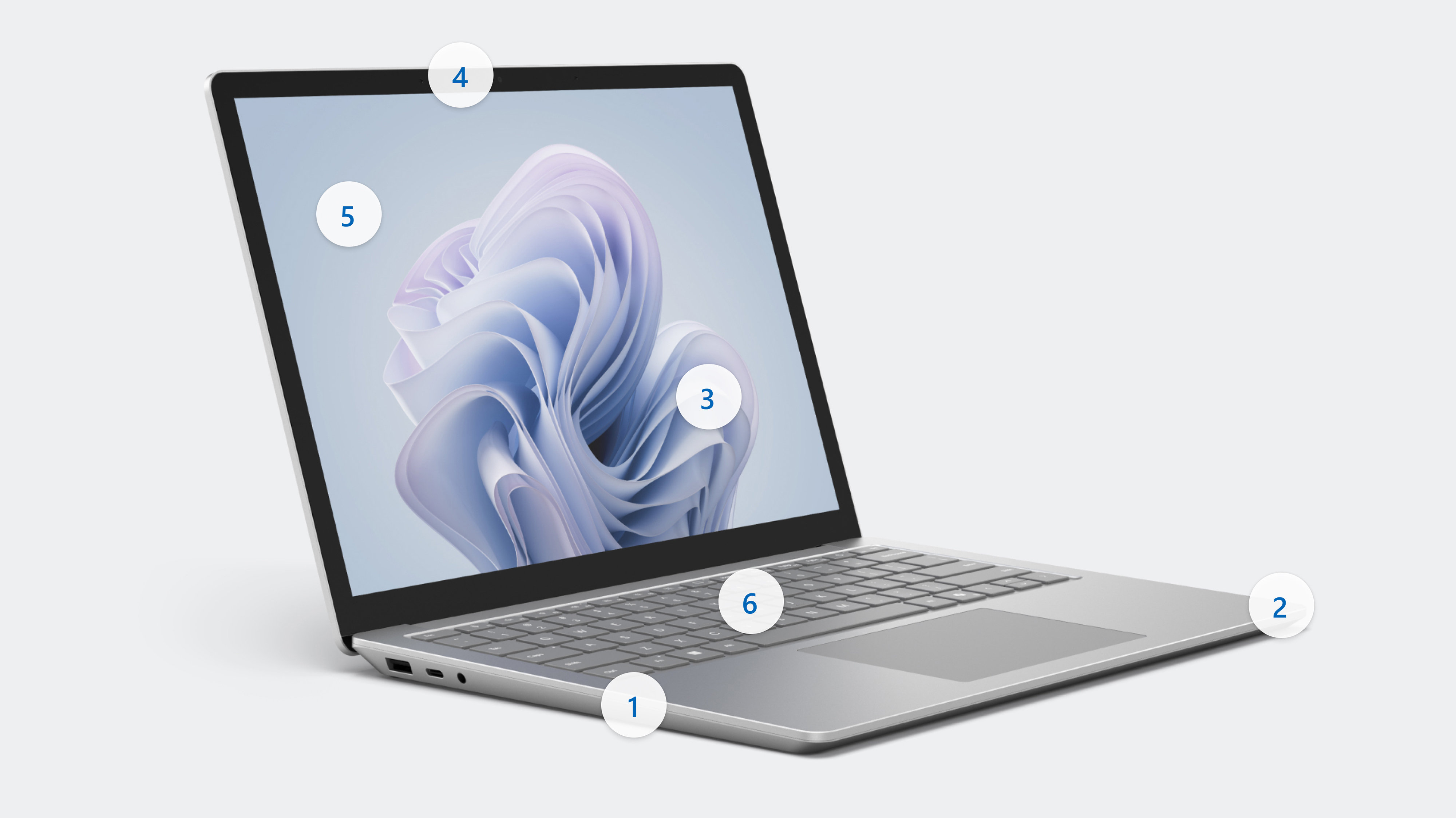 Paparan Surface Laptop 6 memaparkan hotspot 1 hingga 6