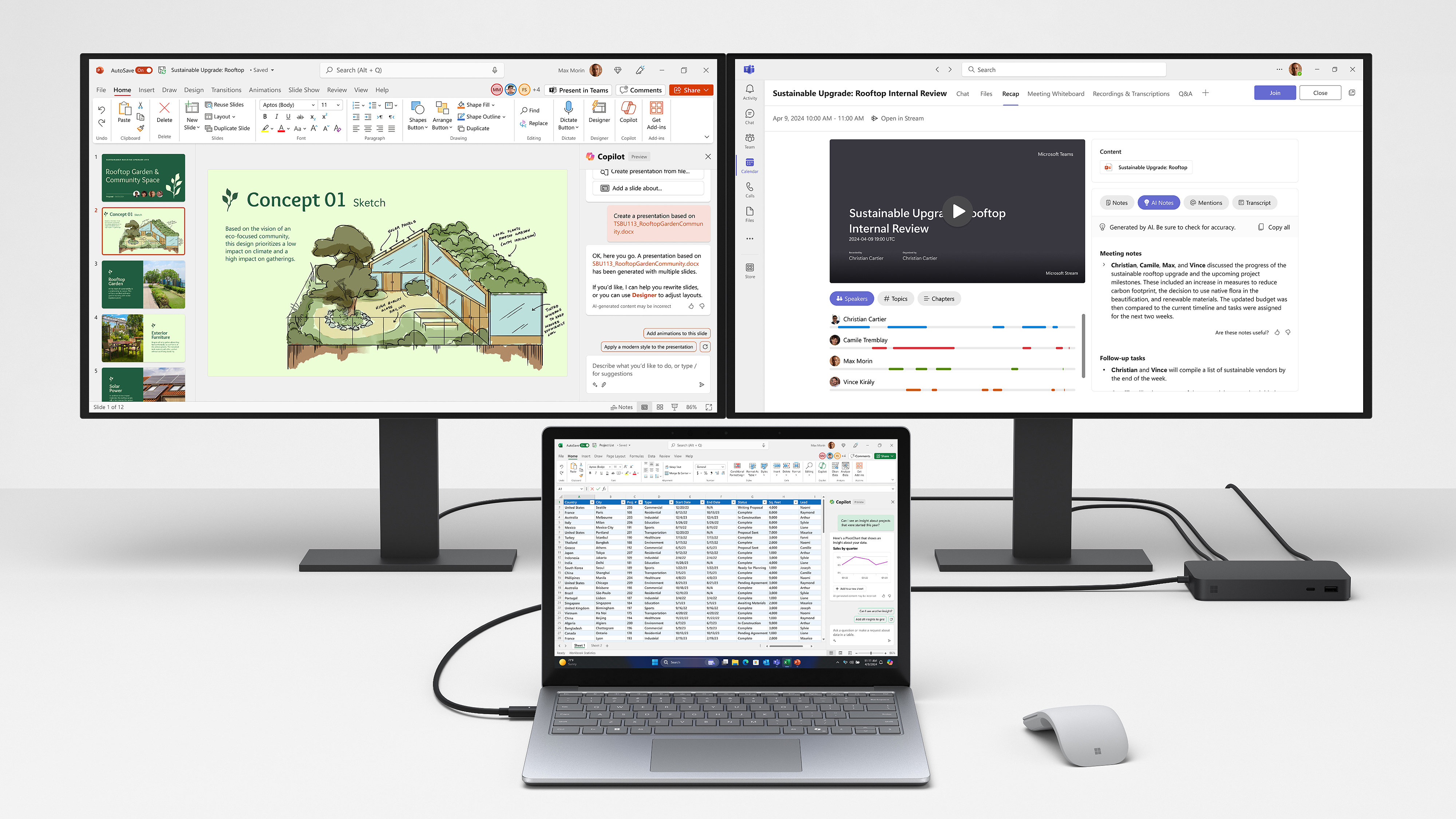 Surface Laptop 6에 연결된 모니터 두 대에 Office 365 애플리케이션이 표시된 모습