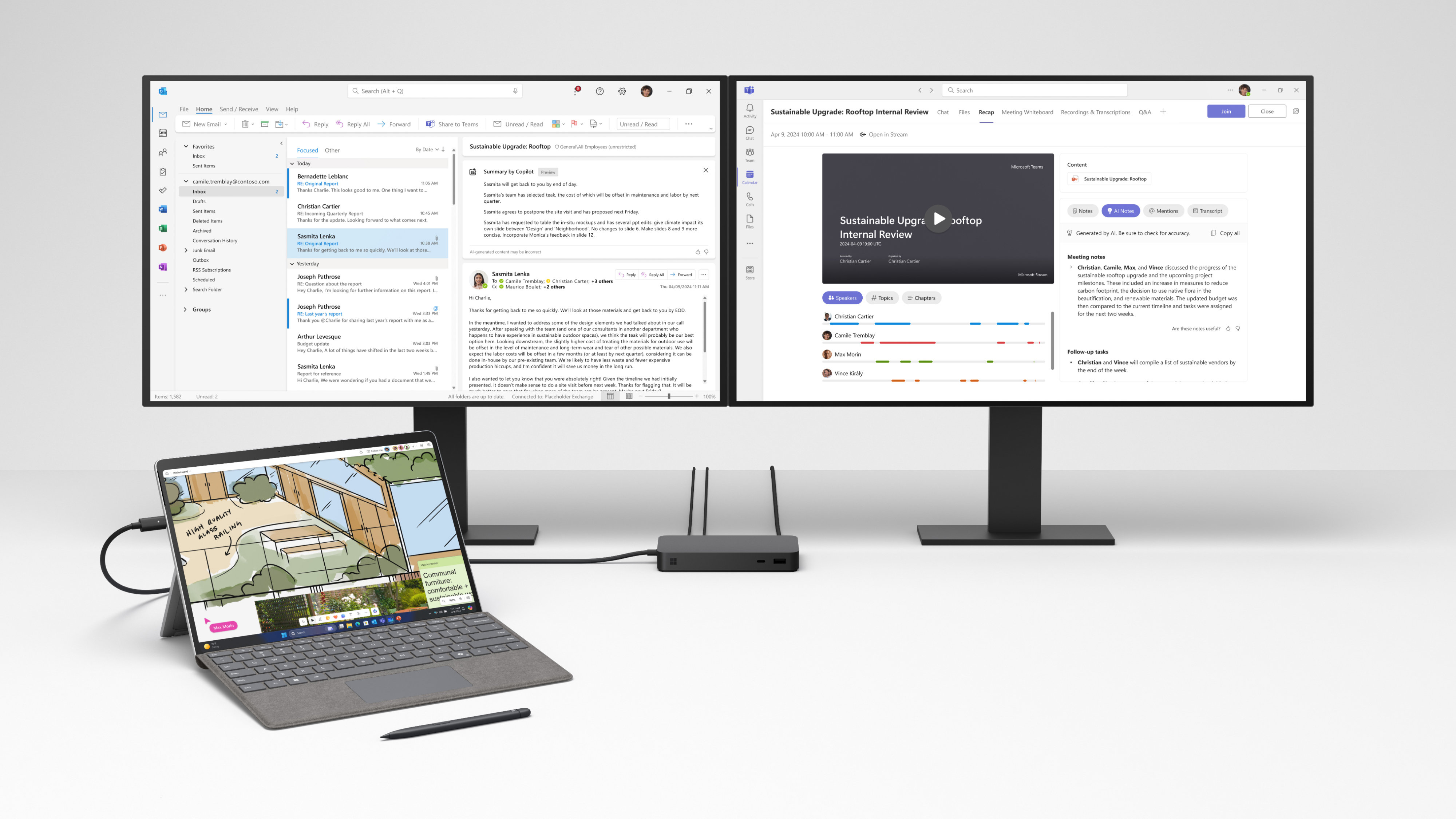 Paparan Surface Pro 10 disambungkan kepada 2 monitor yang memaparkan aplikasi Microsoft 365