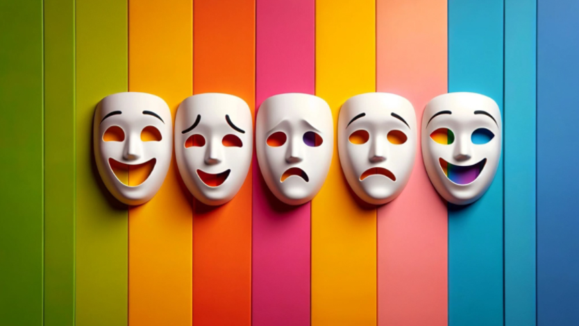 White masks with various expressions on a colorful background
