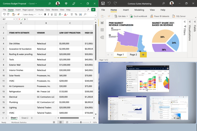 PowerPoint 및 Excel가 보이는 끌기 레이아웃이 Surface Laptop 5 화면에 표시됨