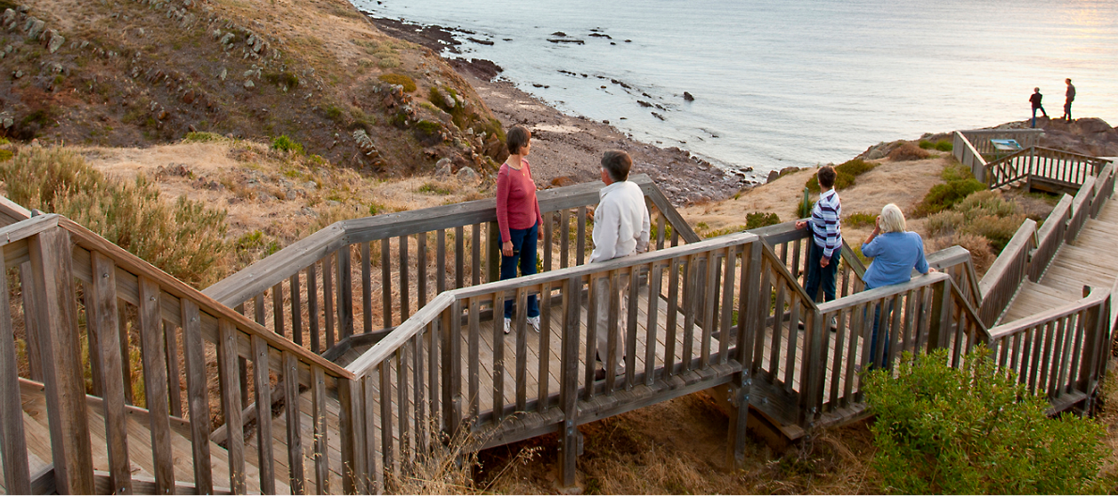 A person and another person standing on a wooden deck overlooking a body of water