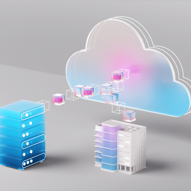Ilustração do conceito de computação em nuvem com transferência de dados entre servidores e uma nuvem