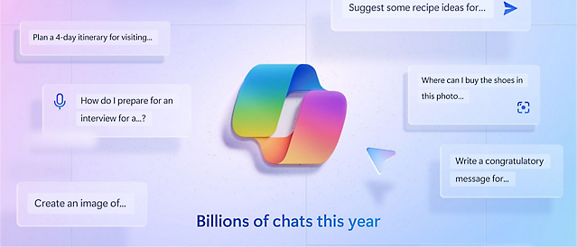 Die Benutzeroberfläche einer digitalen Chatplattform mit verschiedenen Abfrageaufforderungen, die durch ein zentrales farbiges Chatlogo hervorgehoben werden.