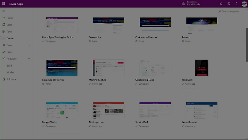 หน้าต่าง Microsoft Power Apps แสดงเทมเพลตต่างๆ