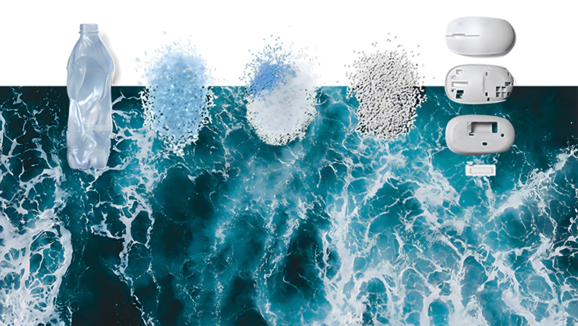 An image of ocean waves is on the right with the progression of how a plastic bottle breaks down and transforms into the Microsoft Ocean Plastic Mouse.