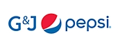 Logo de g&j pepsi montrant le nom de l'entreprise avec le globe pepsi emblématique rouge, blanc et bleu à côté du texte.