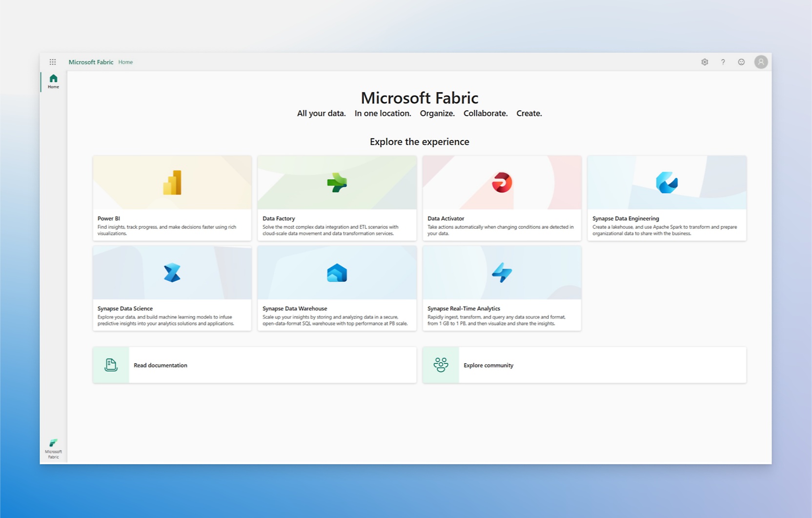 Página de aterrizaje de Microsoft Fabric que muestra varias opciones