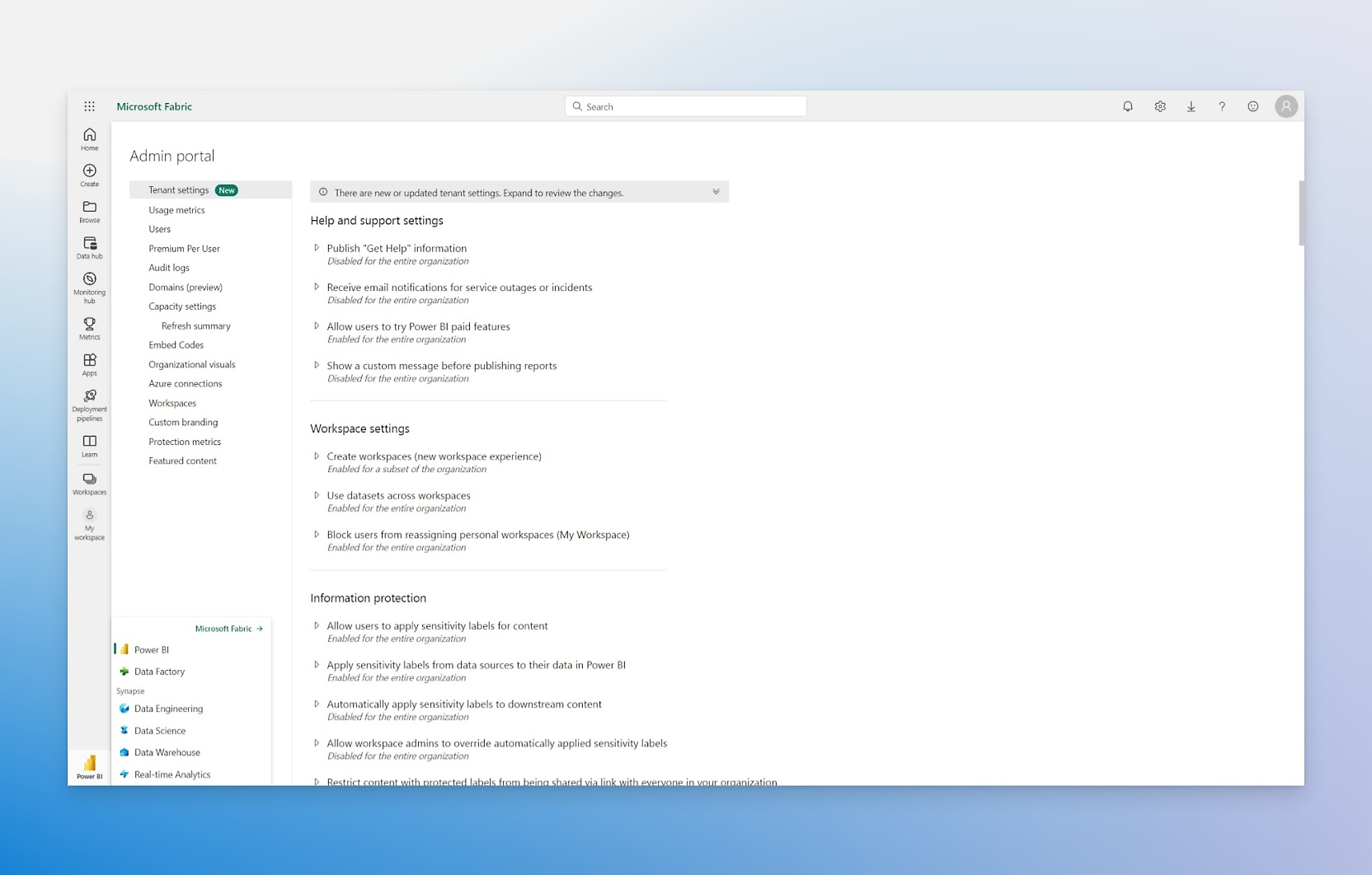 Microsoft Fabric Admin portal with various settings