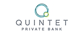 청록색과 노란색으로 상호 연결된 원의 스타일이 적용된 그래픽이 특징인 quintet private bank의 로고,