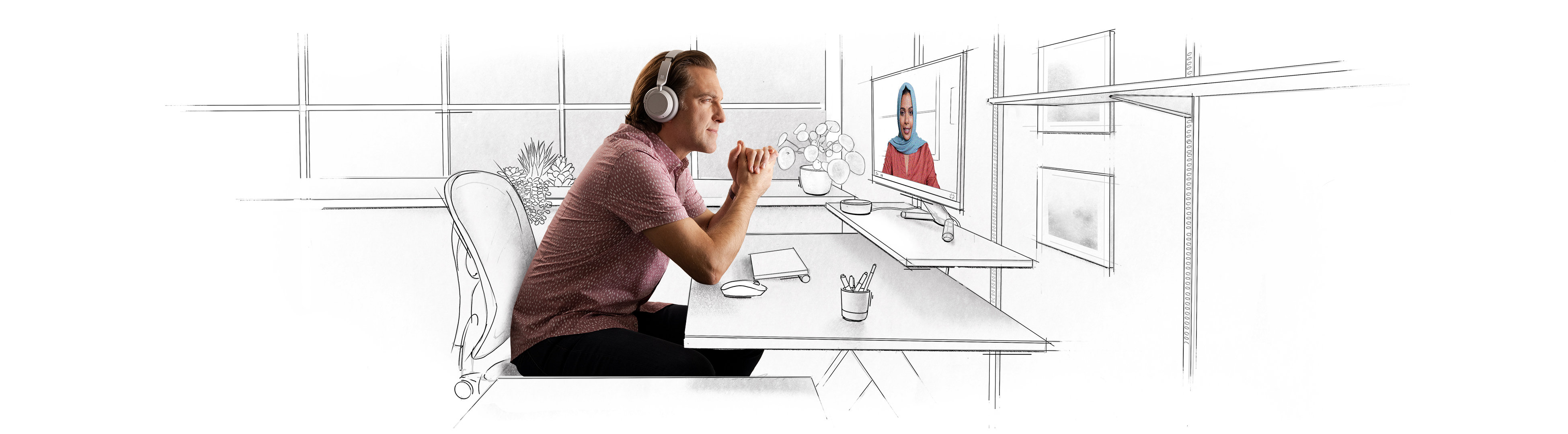 Two coworkers have a video conference call. One is on screen, and the other is watching with headphones on their computer in a home office. The world around them is sketched; a work in progress.