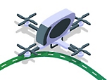 Imagen isométrica de un dron volando sobre una carretera.