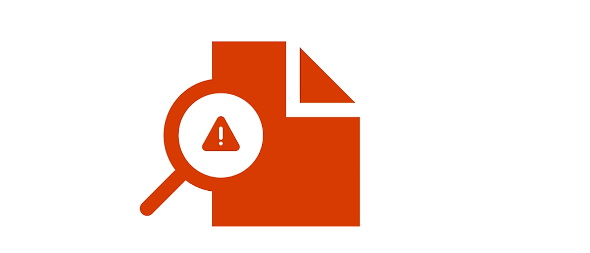 Icono naranja que representa una lupa centrada en un documento con un signo de advertencia, establecido en un fondo blanco.