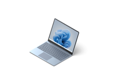 Eine Dreiviertelansicht des Surface Laptop Go 3 in Eisblau.