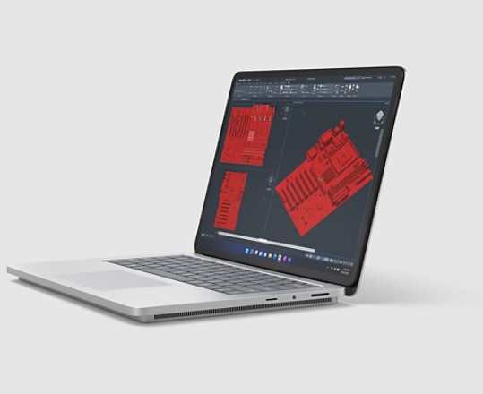 ภาพแสดง Surface Laptop Studio 2 พร้อมแอปพลิเคชัน Revit บนหน้าจอ