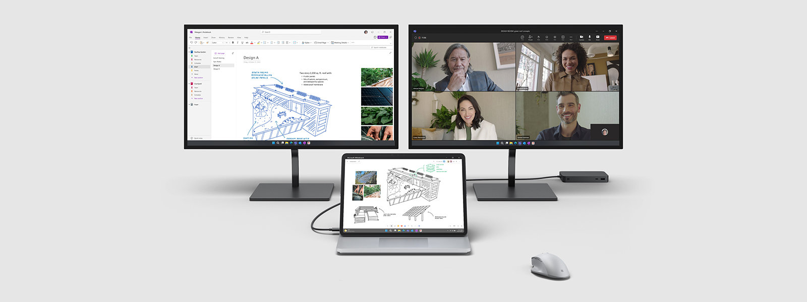 ภาพของ Surface Laptop Studio 2 ที่เชื่อมต่อกับสองจอภาพภายนอกพร้อมแอปพลิเคชันต่าง ๆ ของ Microsoft บนหน้าจอ
