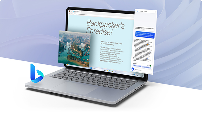 Surface Laptop Studio 2 memaparkan skrin Microsoft Edge dengan unsur aplikasi yang timbul keluar daripada paparan dan logo Bing terapung berdekatan papan kekunci.