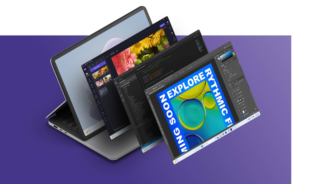 Surface Laptop Studio 2 顯示 Windows 花朵畫面，並且 Clipchamp、Visual Studio 和 Adobe Photoshop 畫面堆疊在裝置前方。