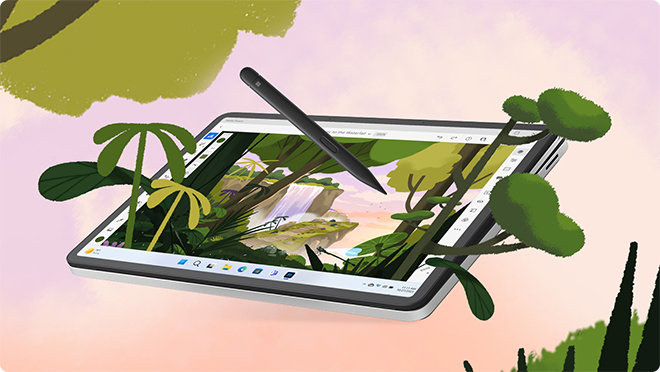 Surface Laptop Studio 2 i studiomodus viser en Adobe Fresco-skjerm med Surface Slim Pen 2 svevende over skjermen.