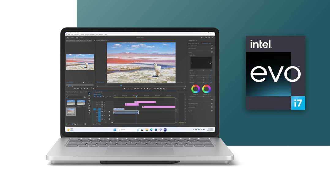 Surface Laptop Studio 2 顯示 Windows 花朵畫面與裝置旁邊的 Intel Evo i7 晶片影像。