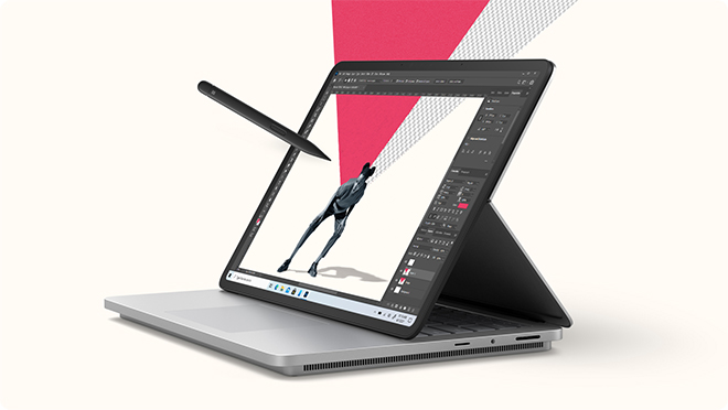 Surface Laptop Studio 2 memaparkan skrin Adobe Photoshop dengan Surface Slim Pen 2 terapung di atas paparan.