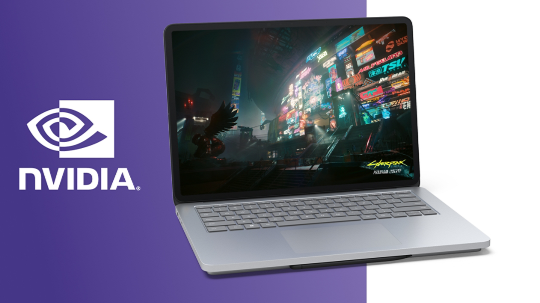 Surface Laptop Studio 2 กำลังแสดง Cyberpunk 2077: Phantom Liberty พร้อมด้วยโลโก้ Nvidia Studio อยู่ข้าง ๆ อุปกรณ์