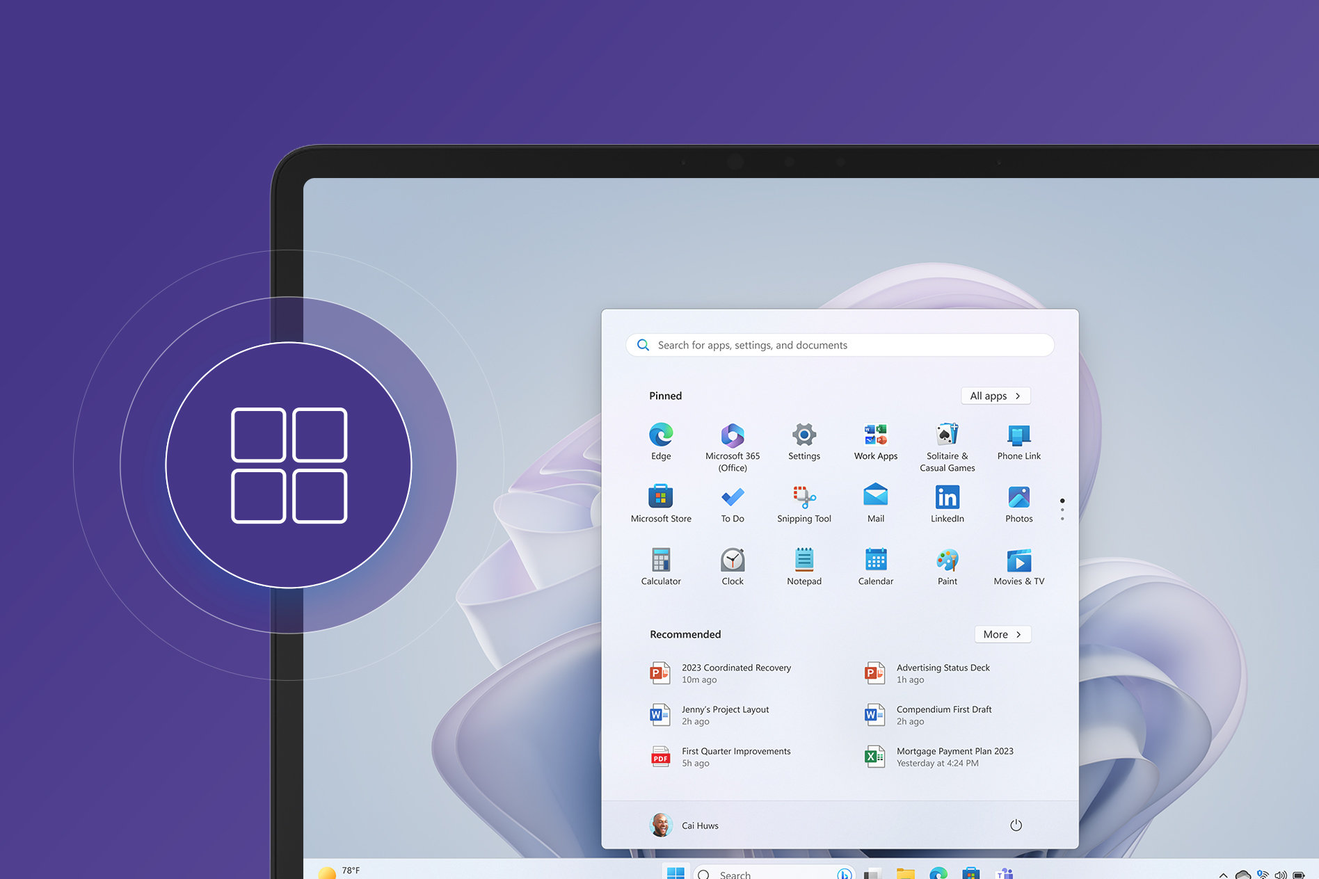 Częściowy widok urządzenia Surface Laptop Studio 2 z menu Start systemu Windows na ekranie i ikoną Asystenta przyciągania unoszącą się nad urządzeniem.