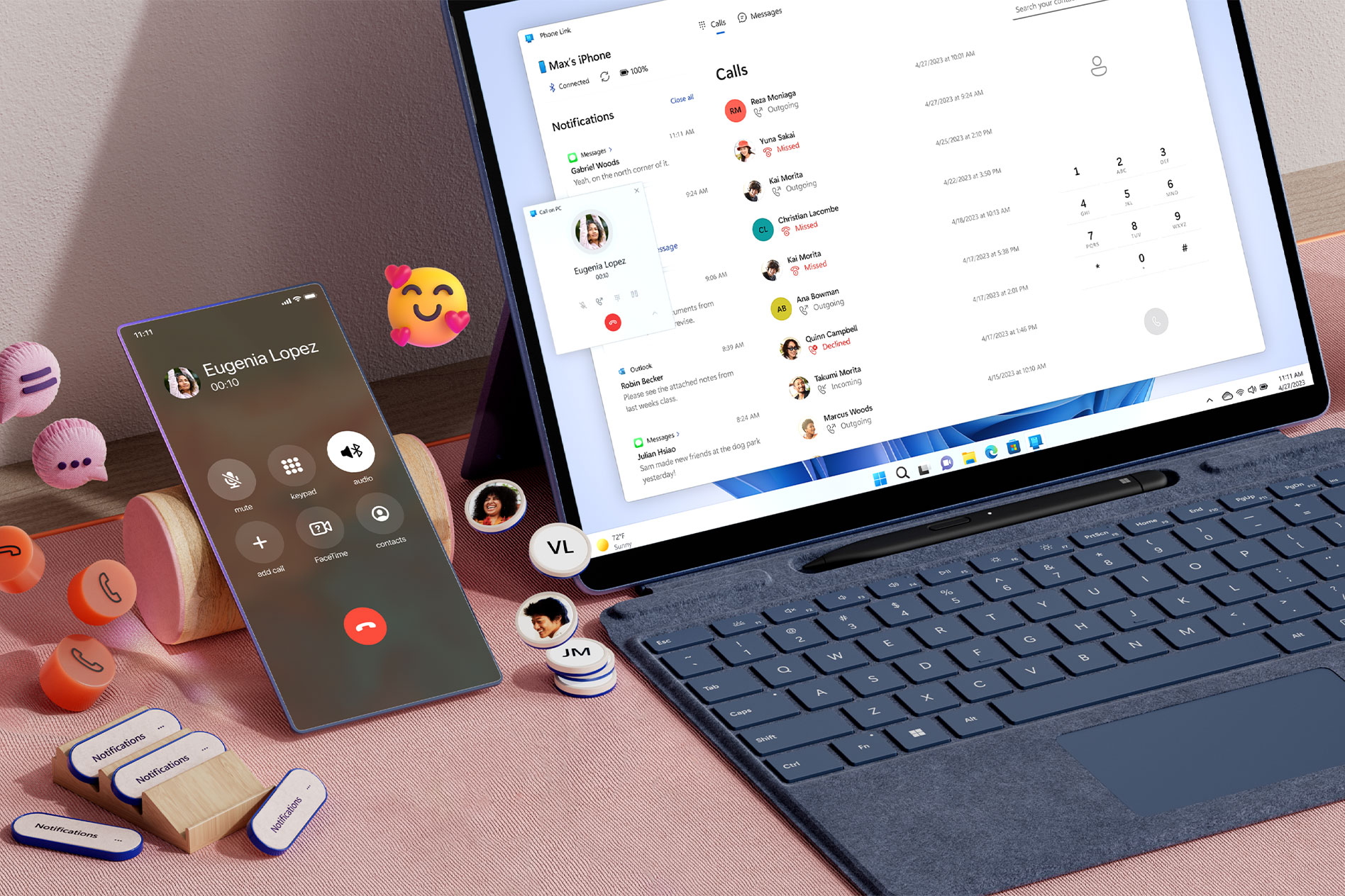 Surface Pro 9 放在桌上，螢幕顯示手機來電通知，旁邊有支行動電話，電話周圍飄浮著手機和聊天圖示及表情圖示。