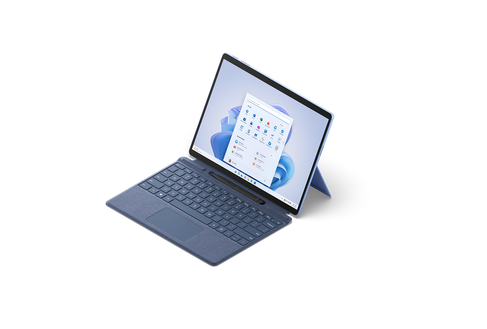 Pandangan 3/4 Surface Pro 9 dalam warna Biru Nilam dari atas dengan Kulit Papan Kekunci Surface dipasang.