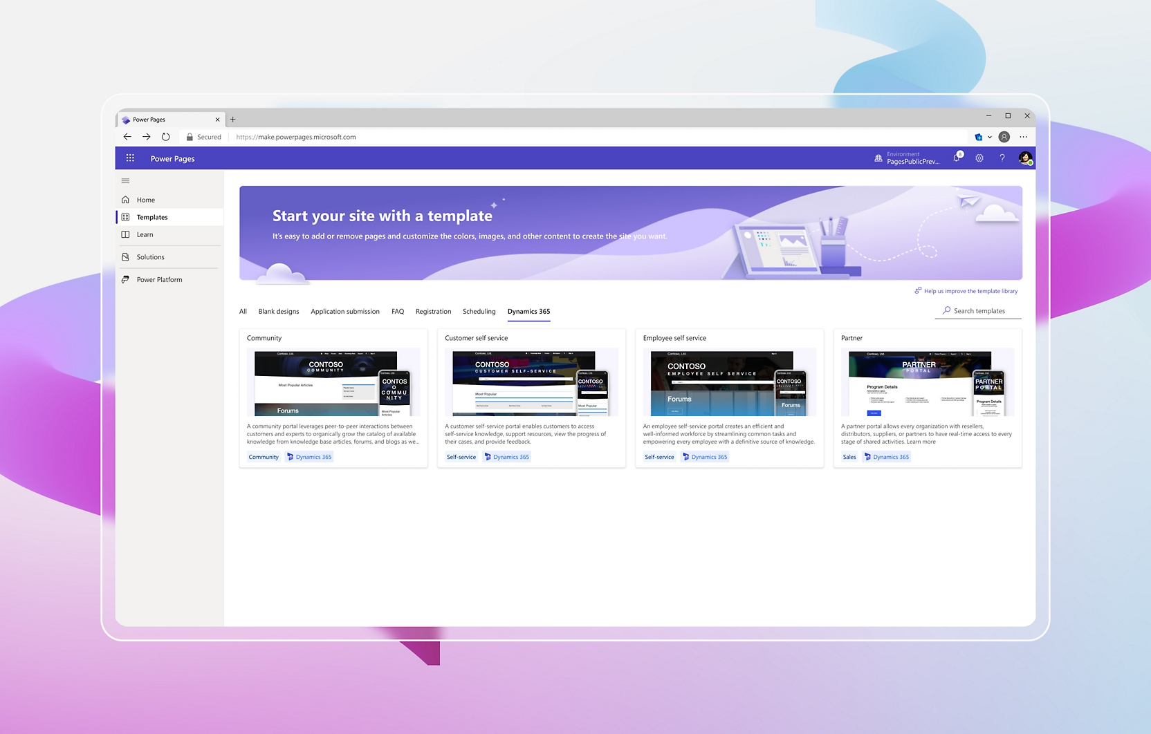 Η αρχική σελίδα μιας τοποθεσίας web με μοβ φόντο