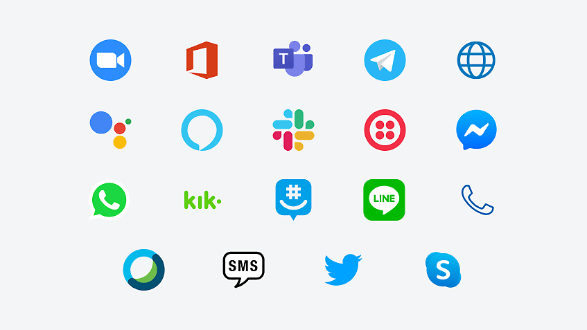 Kik、GroupMe、Slack、Teams、Twitter などのチャット ボットを使用する会社のロゴ。