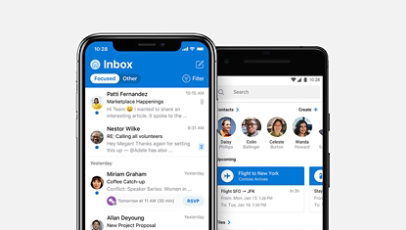 Jeweils ein Smartphone für iOS und Android mit der Outlook-App auf dem Bildschirm