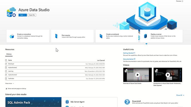 Azure Data Studion aloitusnäyttö.