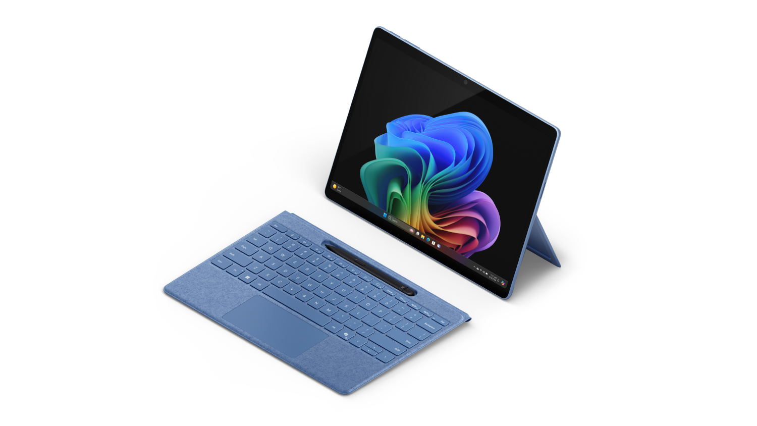 Angle render of Surface Pro in Sapphire with detached keyboard and Slim Pen.