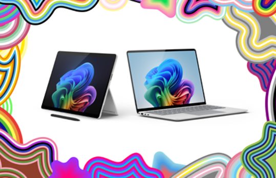 Surface Pro z piórem Surface Slim Pen 2 i Surface Laptop leżą obok siebie otoczone ilustracją nawiązującą do symboliki Pride.