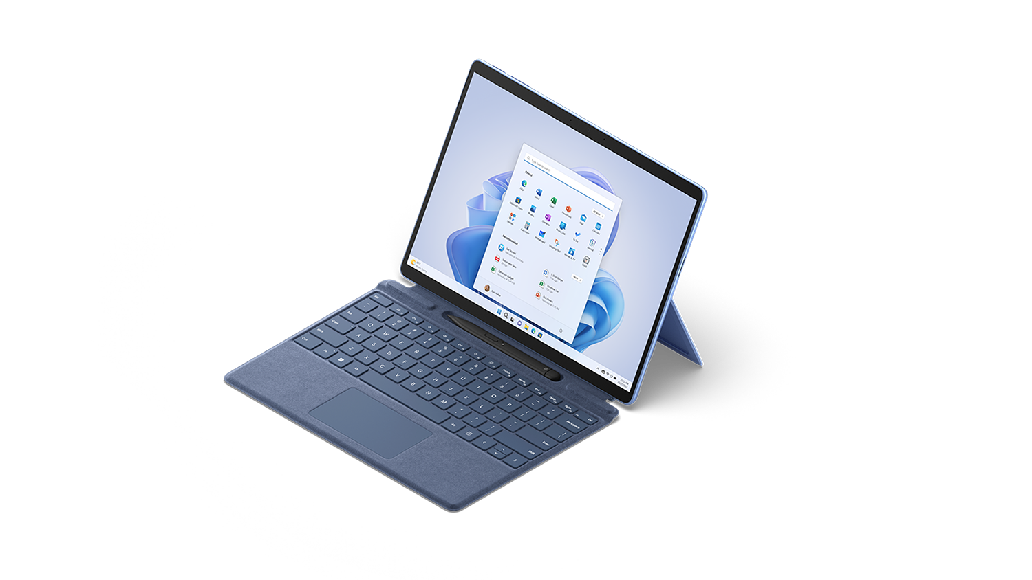 Een Surface Pro 9 in saffierblauw met toetsenbord