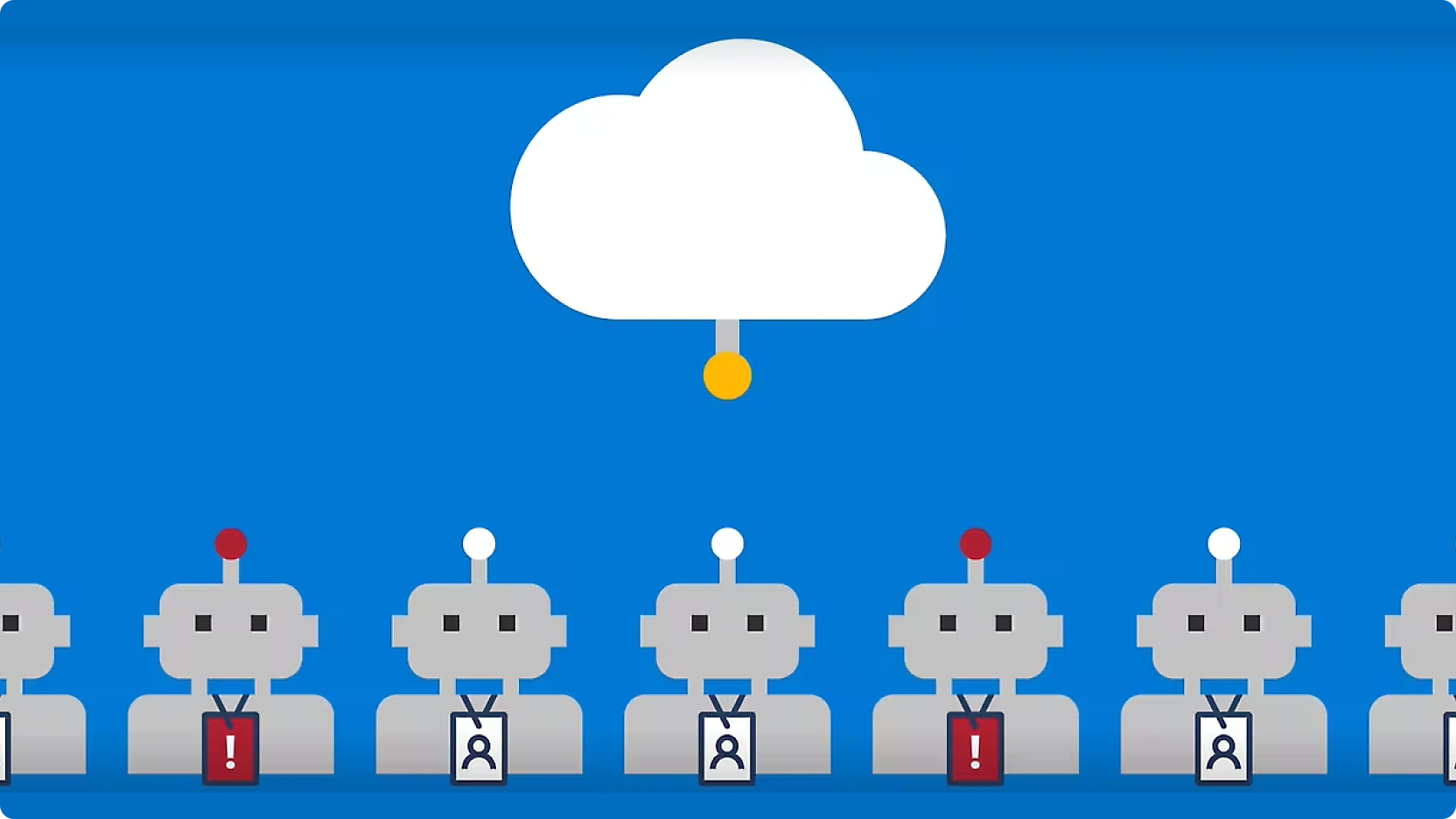 图形描绘了一排排头顶红色按钮的机器人，机器人通过线条与中央的云连接在一起