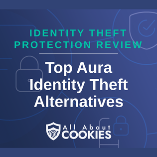 A blue background with images of locks and shields with the text “Identity theft protection review” and the All About Cookies logo.