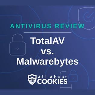 A blue background with images of locks and shields with the text &quot;Antivirus Review TotalAV vs. Malwarebytes&quot; and the All About Cookies logo. 