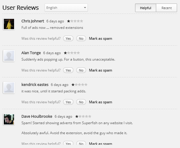 User reviews for Add to Feedly complaining about the adware.