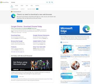 Microsoft Edge showing a warning when you search for "chrome"
