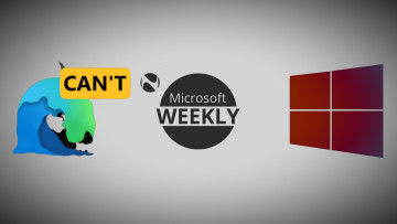 Microsoft Weekly graphic with Edge Cant logon on the left and a red Windows 10 logo on the right