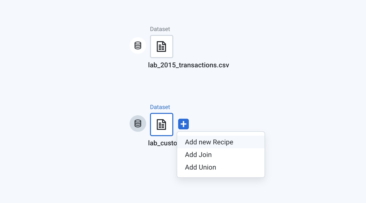 2 conjuntos de dados, lab_2015_transactions.csv e lab_customers.csv, com o menu expandido exibido para lab_customers.csv
