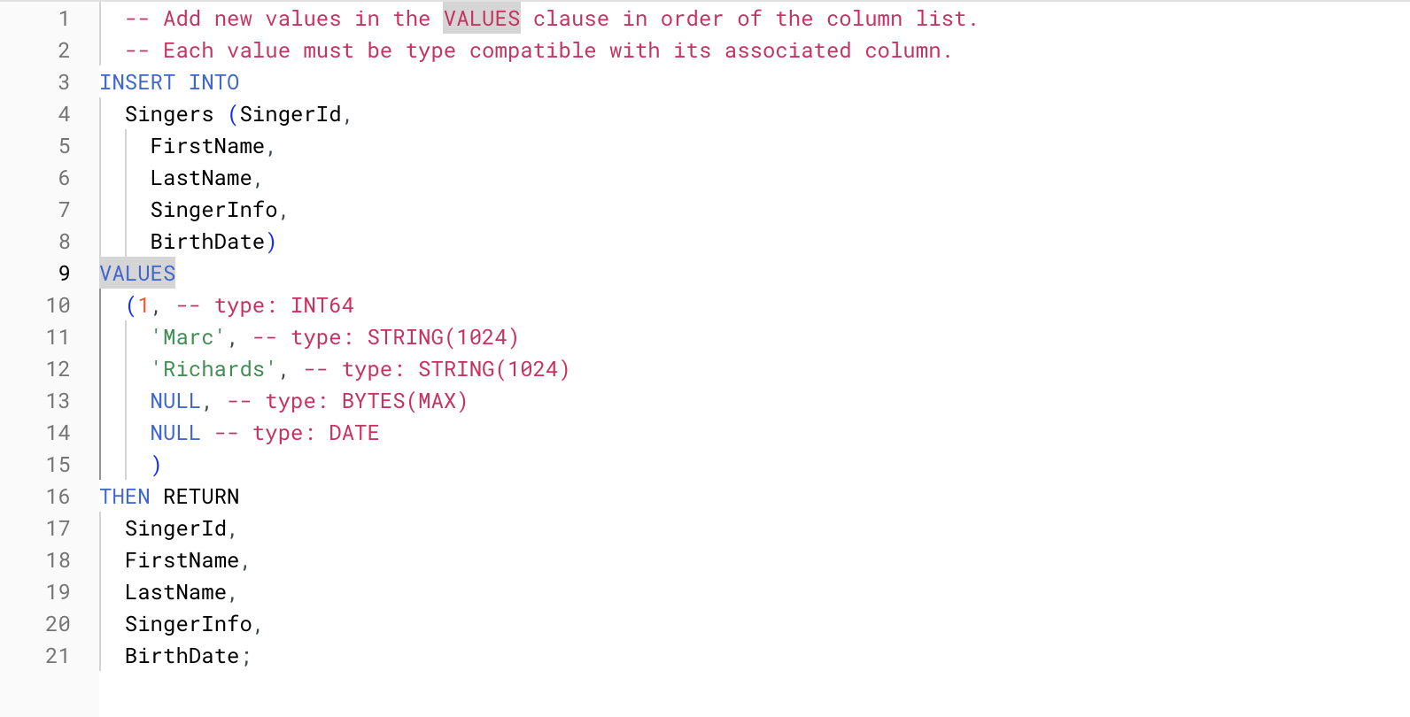Líneas 1 a 15 del código en las que los valores de marcador de posición se actualizaron con los valores mencionados anteriormente