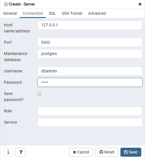Pestaña Connection con los campos Host Name/Address, Username y Password completados