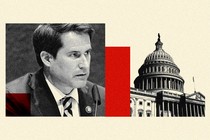 A black-and-white photo of Seth Moulton, one of the Capitol Building, and red bars